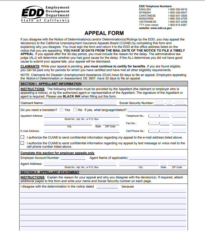 EDD form for appealing a EDD decision denying unemployment benefits