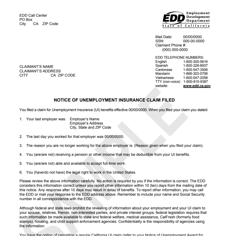 Sample of a notice of unemployment insurance claim filed EDD form