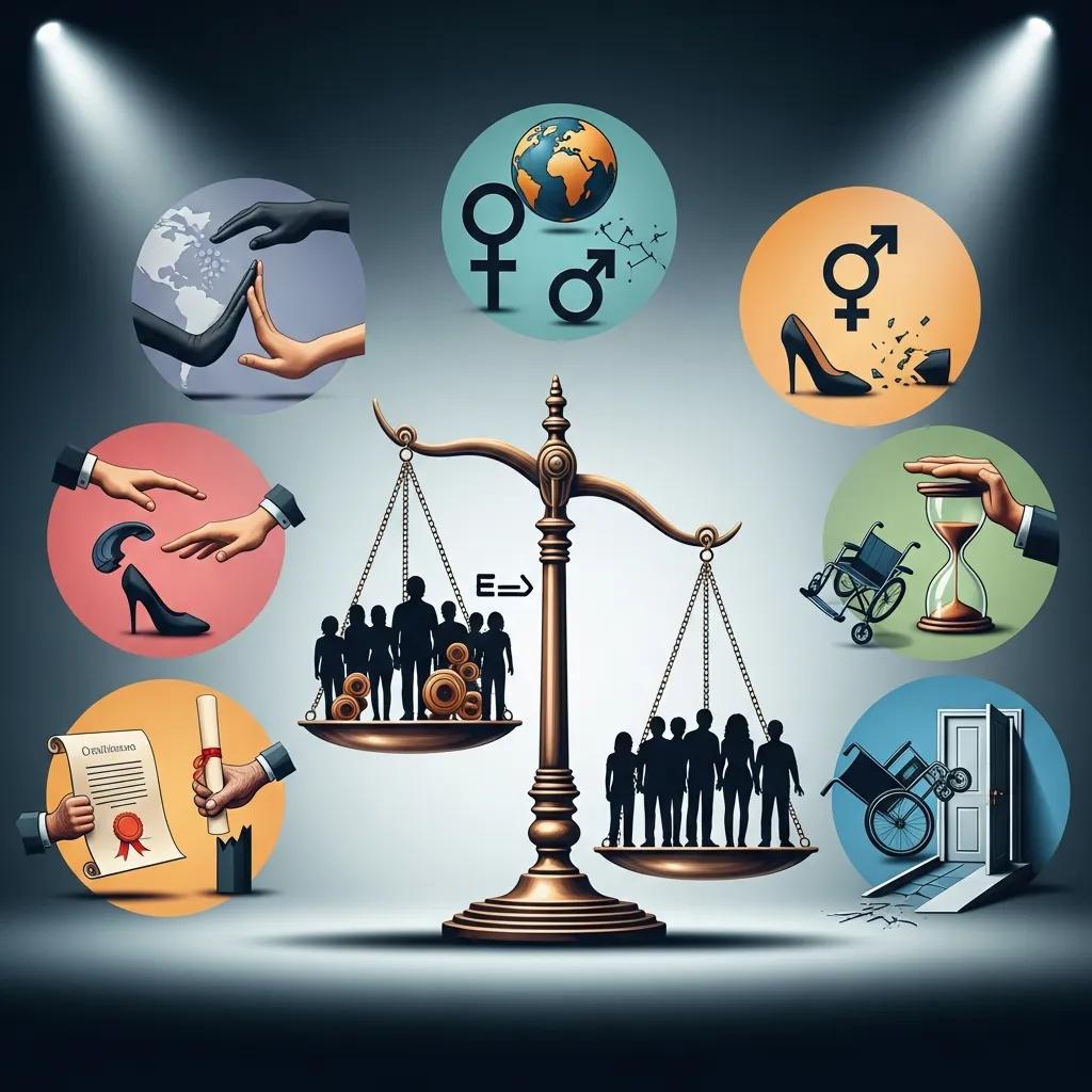 Illustration of different types of workplace discrimination, including race, gender, age, and disability